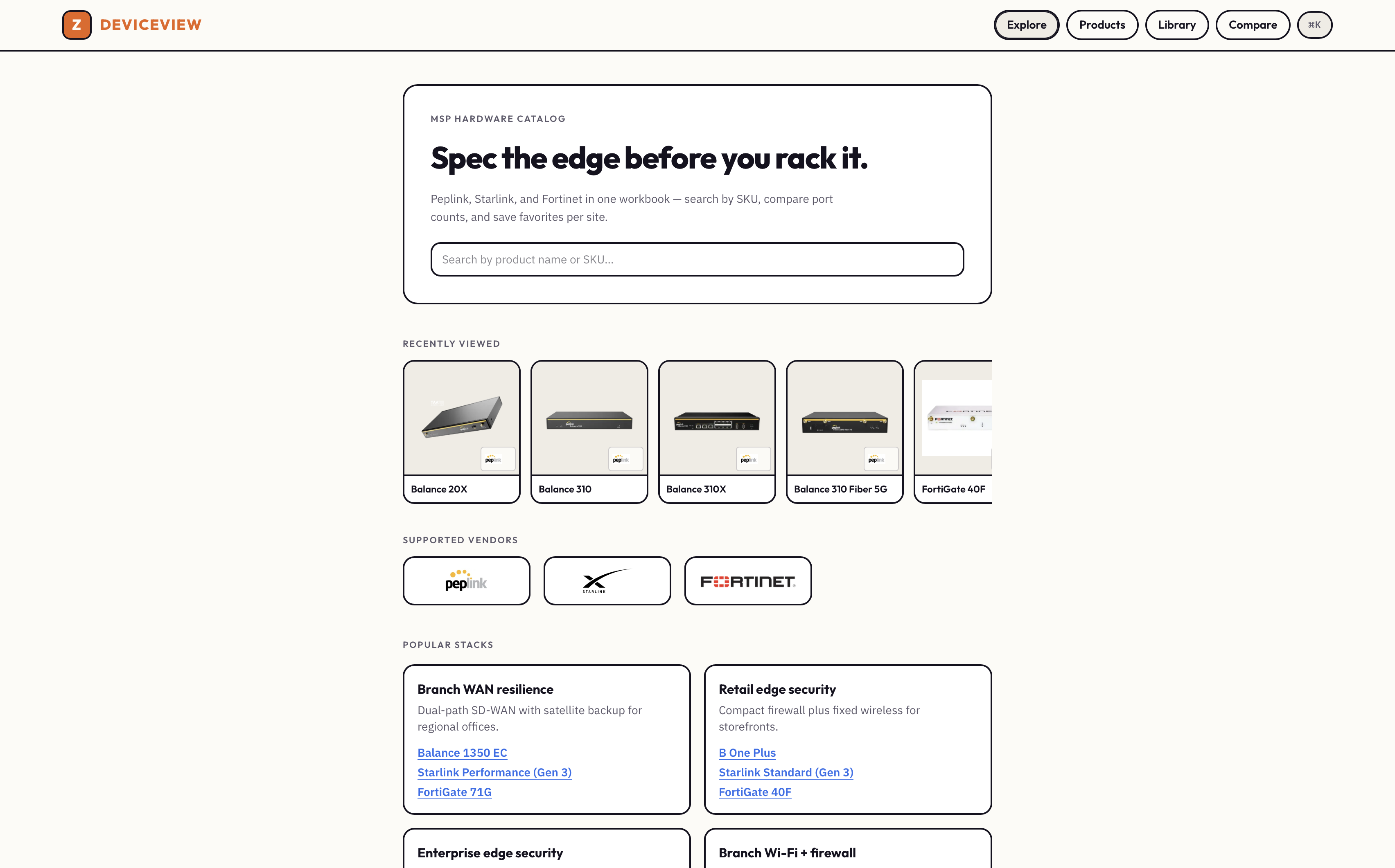 MSP hardware catalog — compare Peplink, Starlink, and Fortinet specs